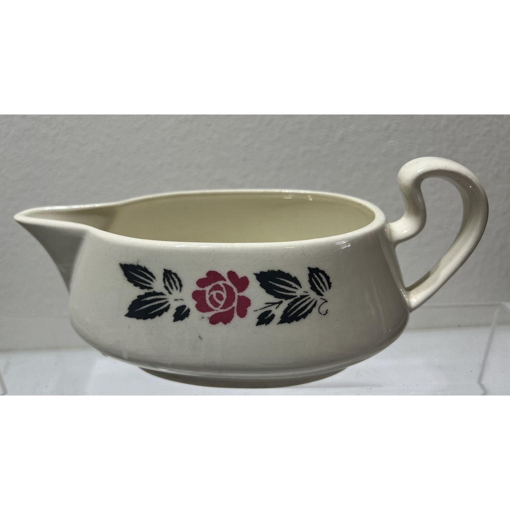 Vintage Homer Laughlin‎ Made In USA B56N6 Gravy Boat Pink Rose Grey Petals